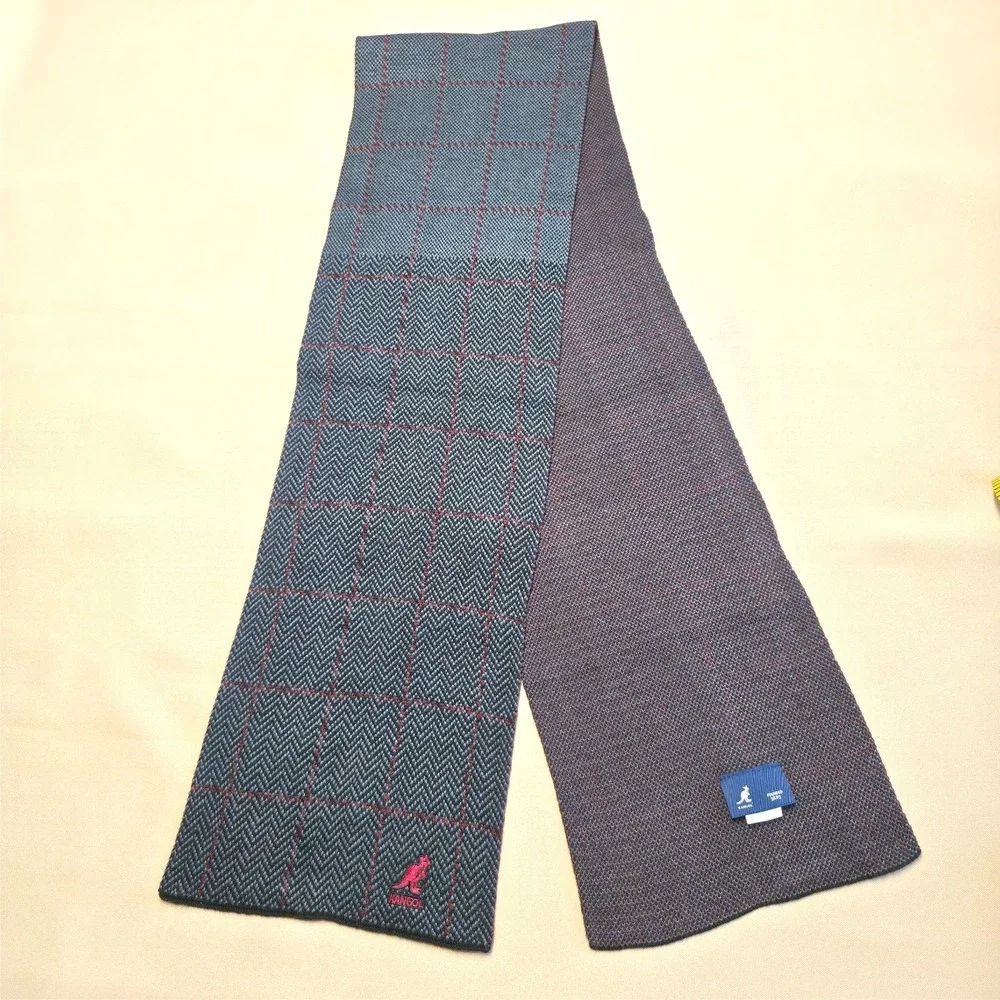 Kangol Mens Scarf‎ Black Gray Burgundy Check Knit Acrylic Winter Muffler 59